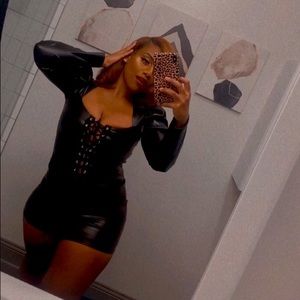 Black PU Puff Shoulder Lace Up Front Bodycon Dress